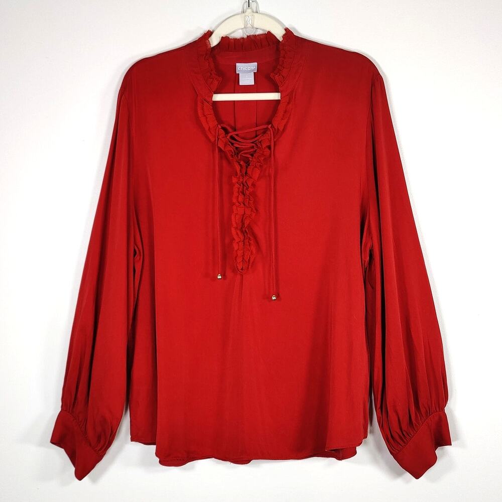 Chico's 100% Modal Poet Blouse Ruffle Lace Up Red Size 3 XL Romantic Popover